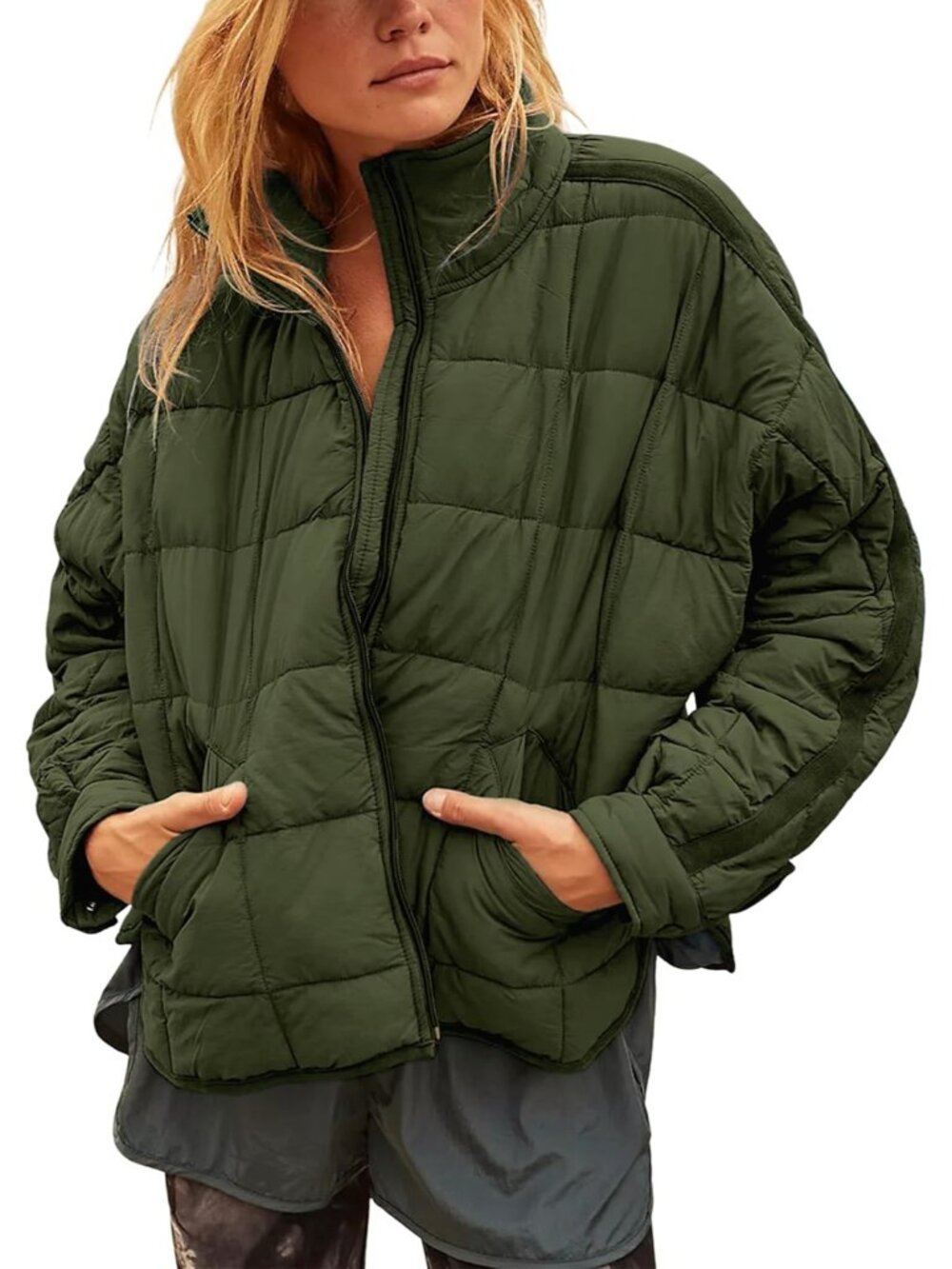 Quilted Puffer Jacket Women Lightweight Short Zip Up Padded Coat with Pockets